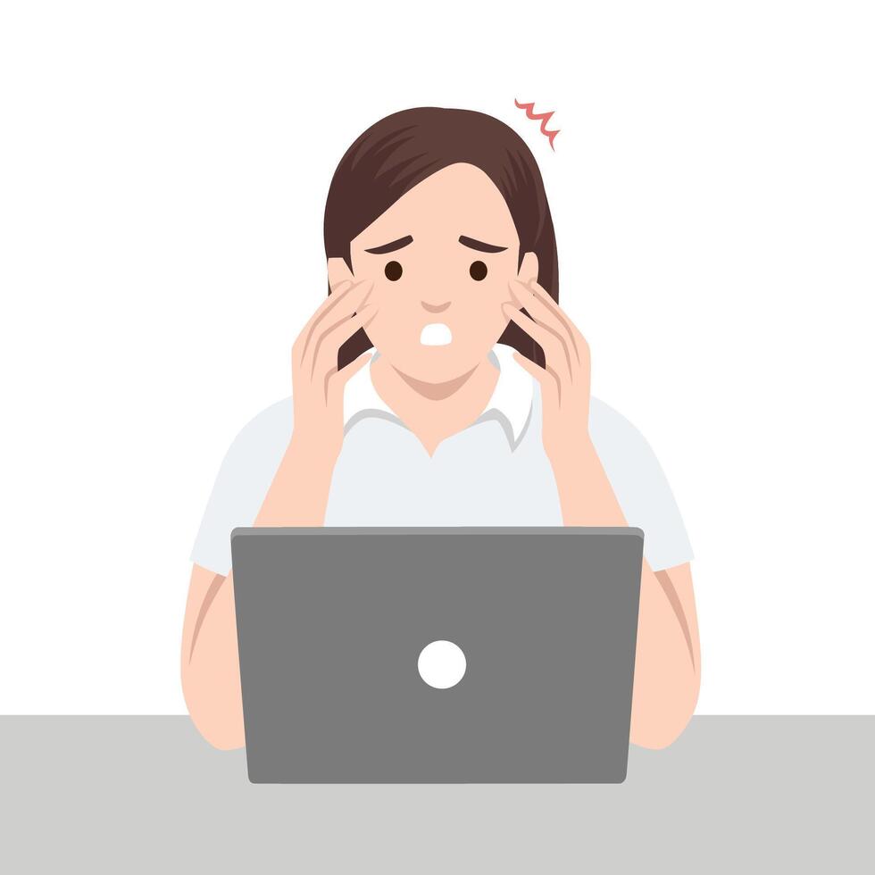 Worried woman sitting at a desk is holding her face in distress while looking at a laptop. vector
