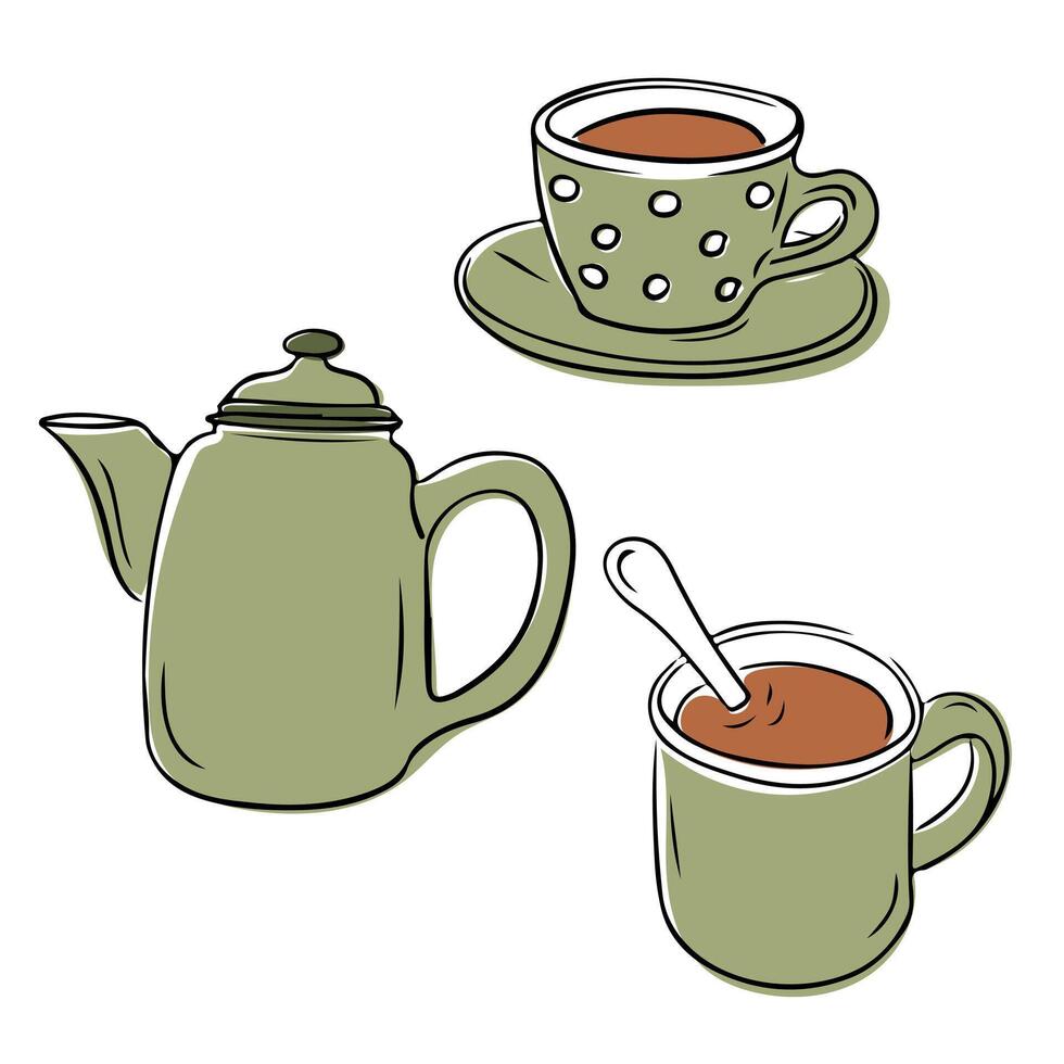 Illustration of a green tea set with a teapot, polka dotted teacup on a saucer, and a mug with a spoon isolated on white background vector