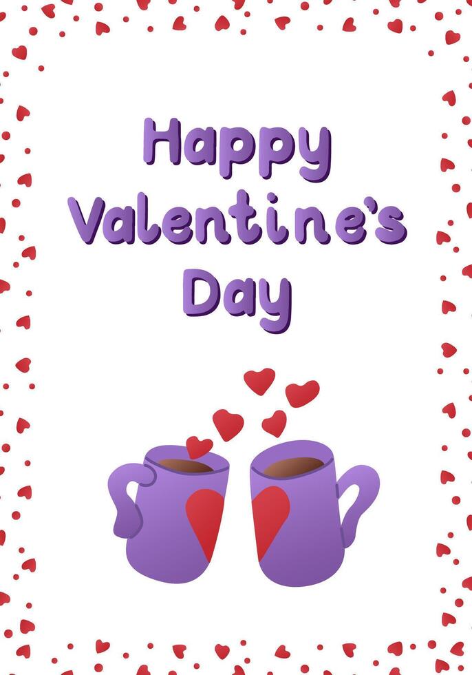 Valentines Day greeting with purple mugs and red hearts isolated on white background surrounded by a heart border vector