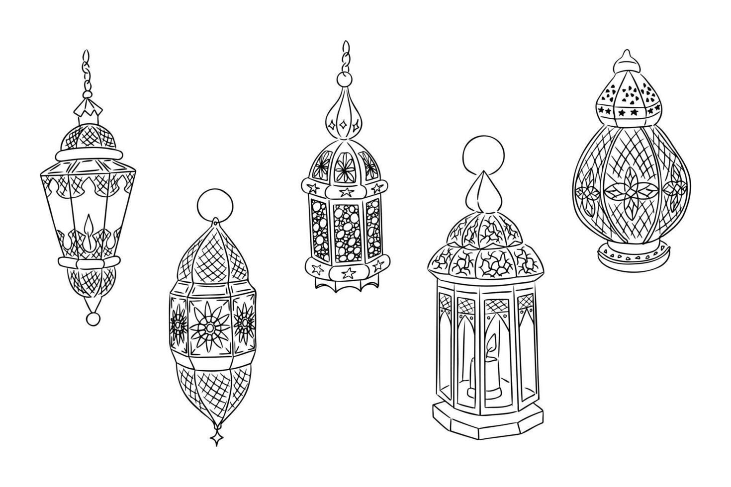 Black and white illustration of five ornate Islamic lanterns with intricate patterns. vector