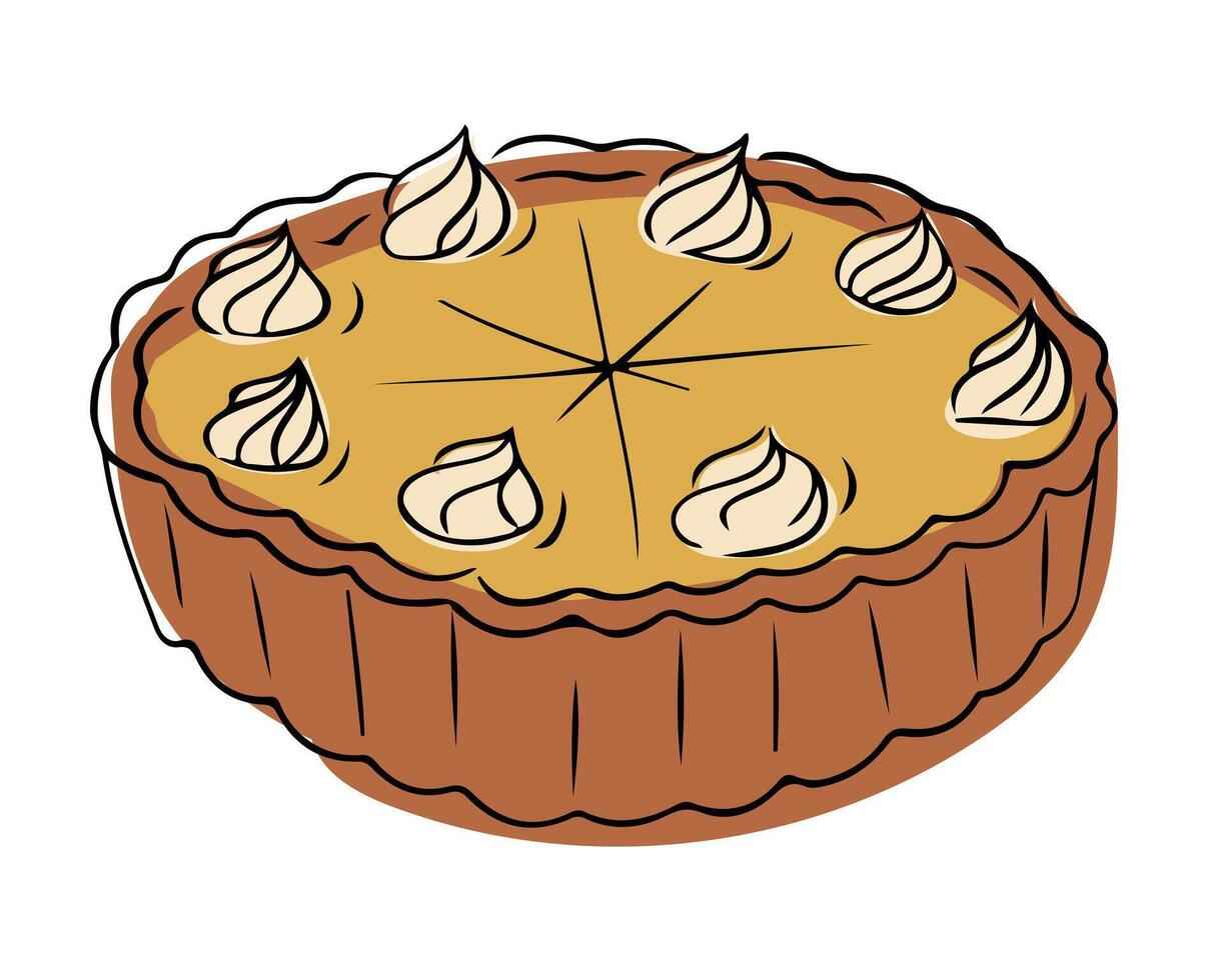 Pumpkin pie illustration with whipped cream dollops on a golden crust vector