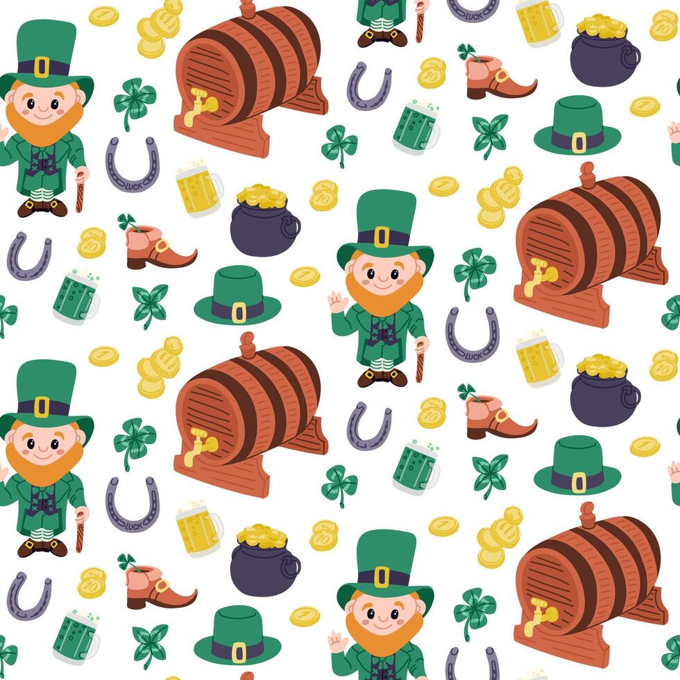 St Patricks Day seamless pattern with leprechauns, barrels, coins, clovers, hats, shoes, beer mugs, and horseshoes isolated on white background. vector