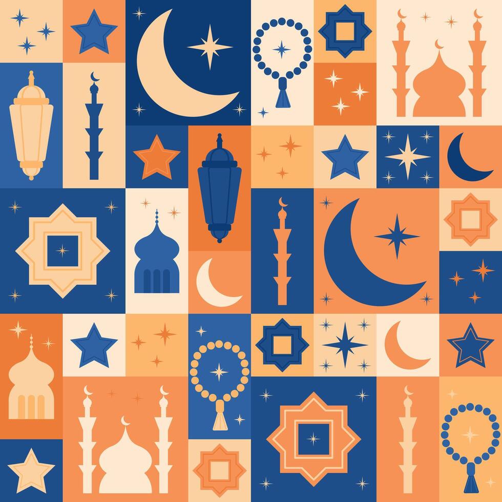 Ramadan modular pattern with crescent moons, stars, mosques, lanterns, minarets, and prayer beads in a geometric design on a blue and orange background vector