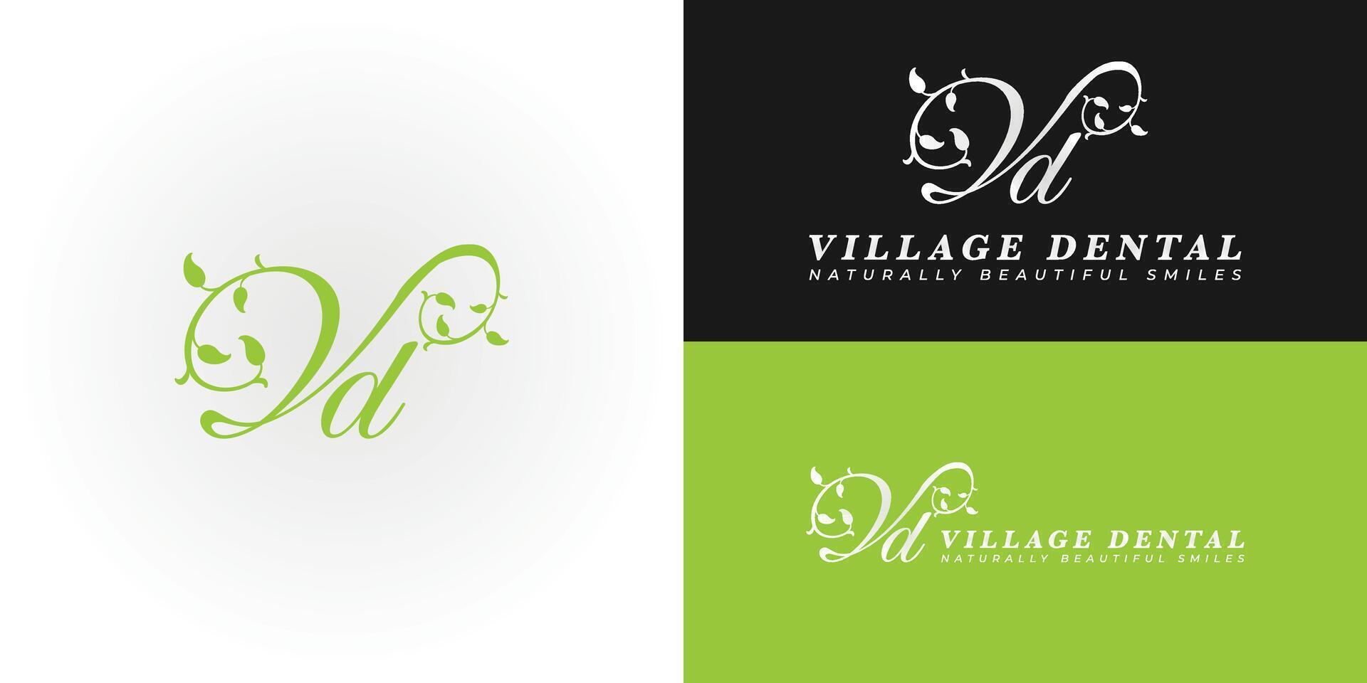 The serene and elegant logo design features the initials V and D gracefully intertwined, creating a unique and visually striking symbol that evokes a sense of tranquility and natural healing. vector