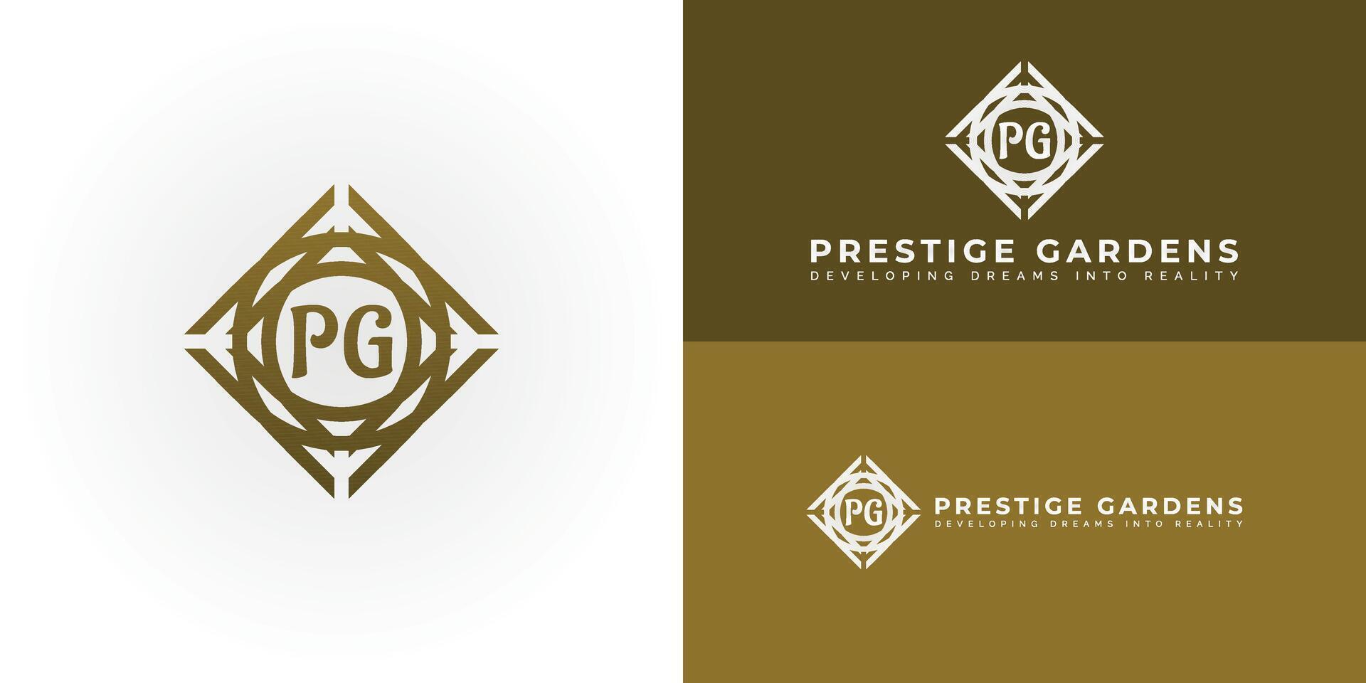The sophisticated logo design features the initials P and G elegantly centered within a series of concentric circles and a geometric frame, creating a unique and visually striking symbol. vector