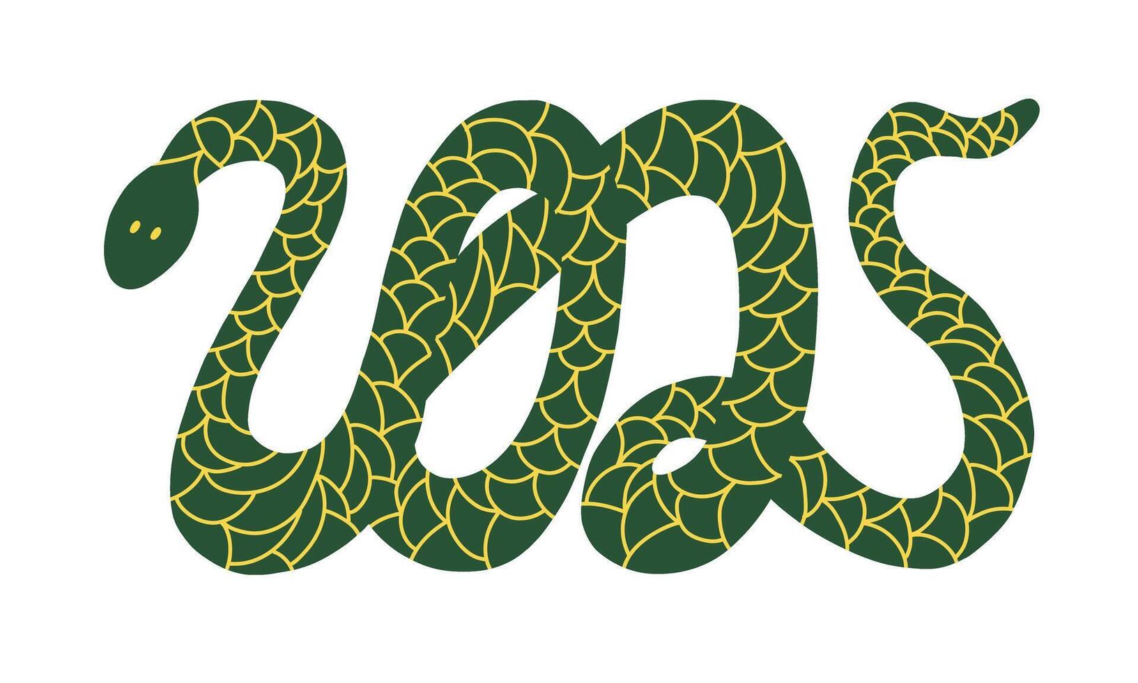 Green wood snake silhouette in form of 2025 with golden ornament. Chinese New Year animal symbol. vector