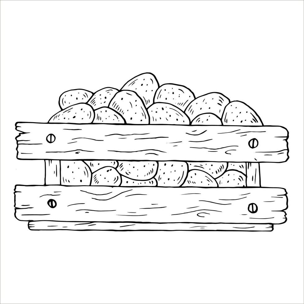 Graphics black outline potato potatoes in a wooden box. Two versions - with and without filling vector