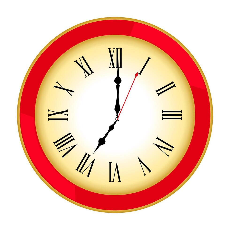 Round red wall clock with roman numerals showing 7am. vector