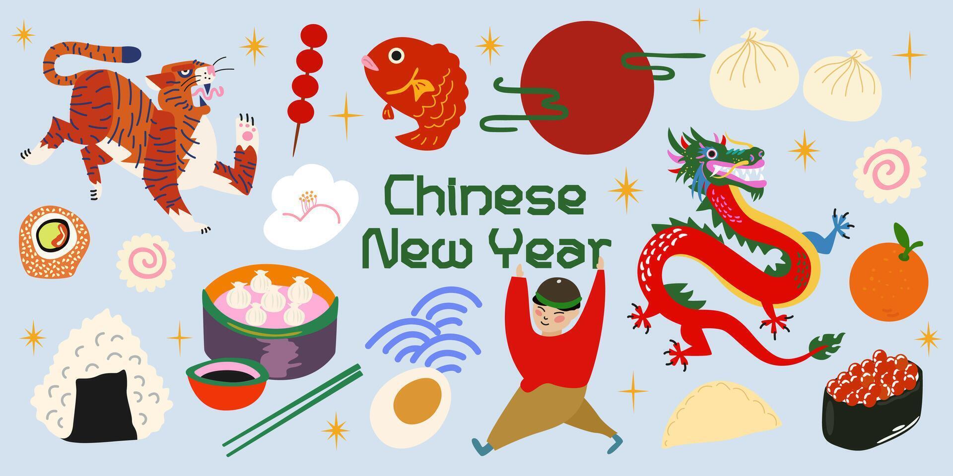 Chinese New Year icon set. Asian folk traditions, lunar New Year, mythical dragon, tiger, Chinese cuisine vector