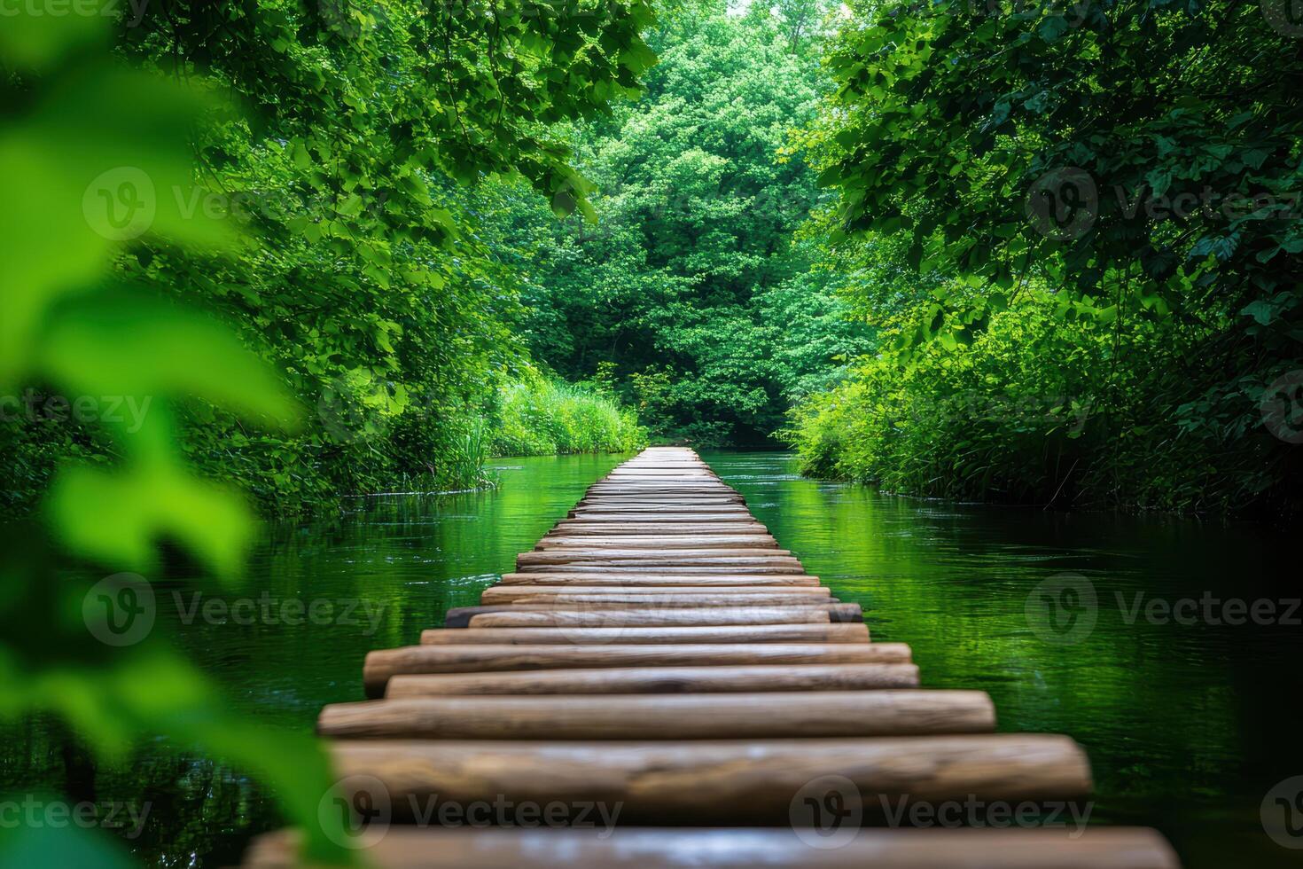 A wooden bridge spans a river, with trees on either side photo