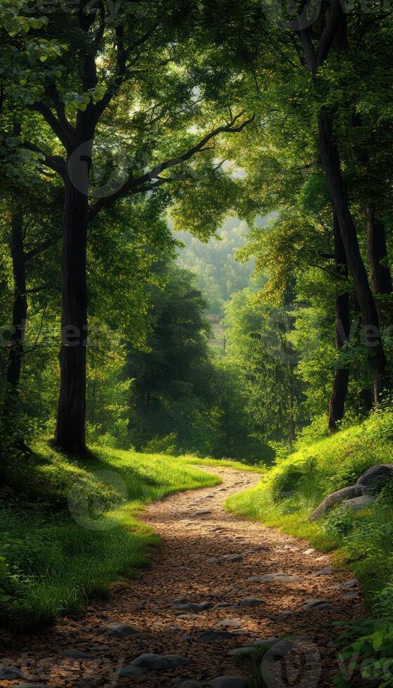 A path through a forest with trees on either side photo
