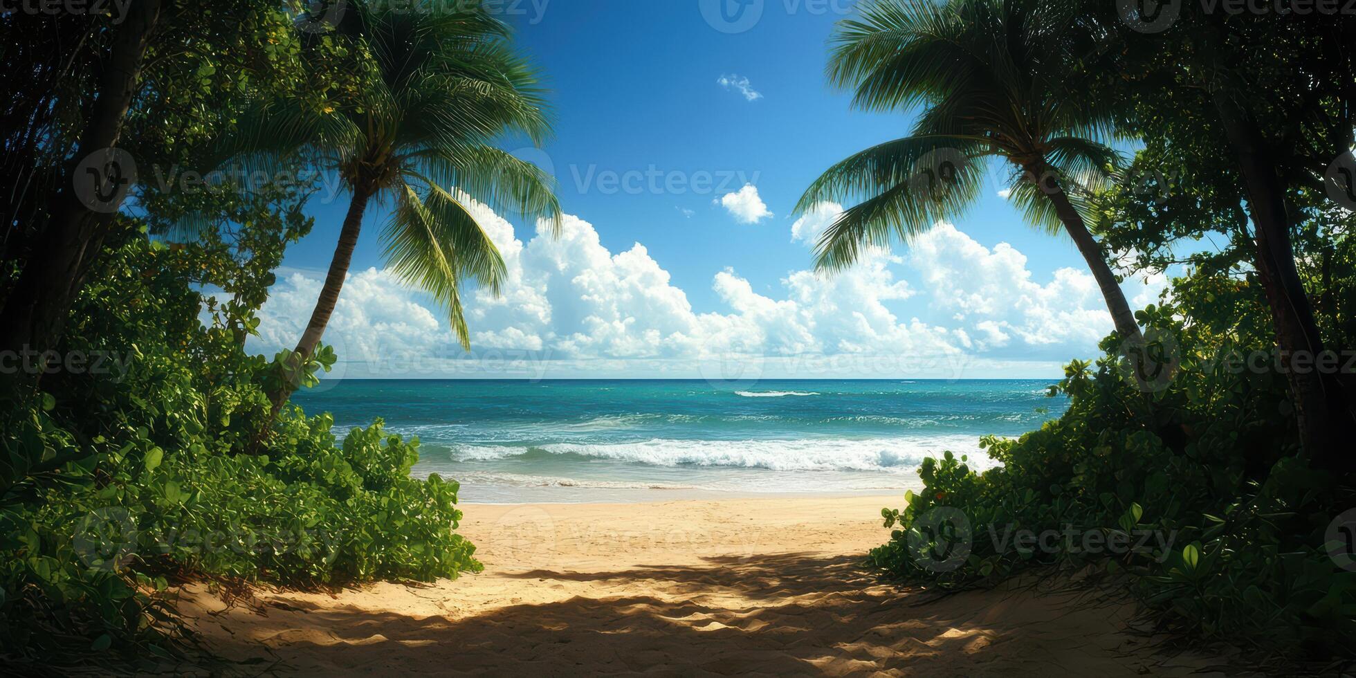 A beautiful beach scene with palm trees and a blue ocean photo