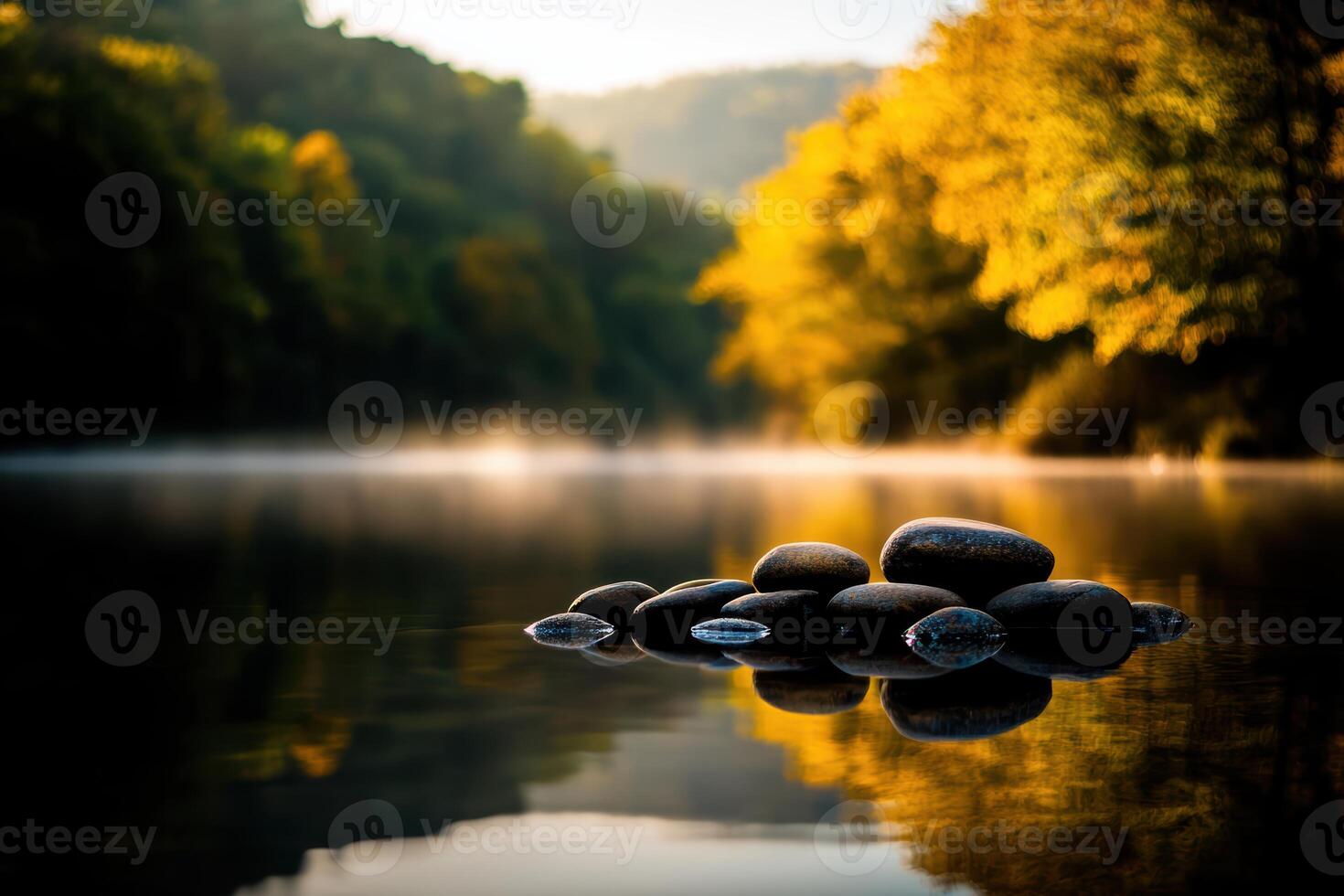 A group of rocks are floating on the surface of a lake photo