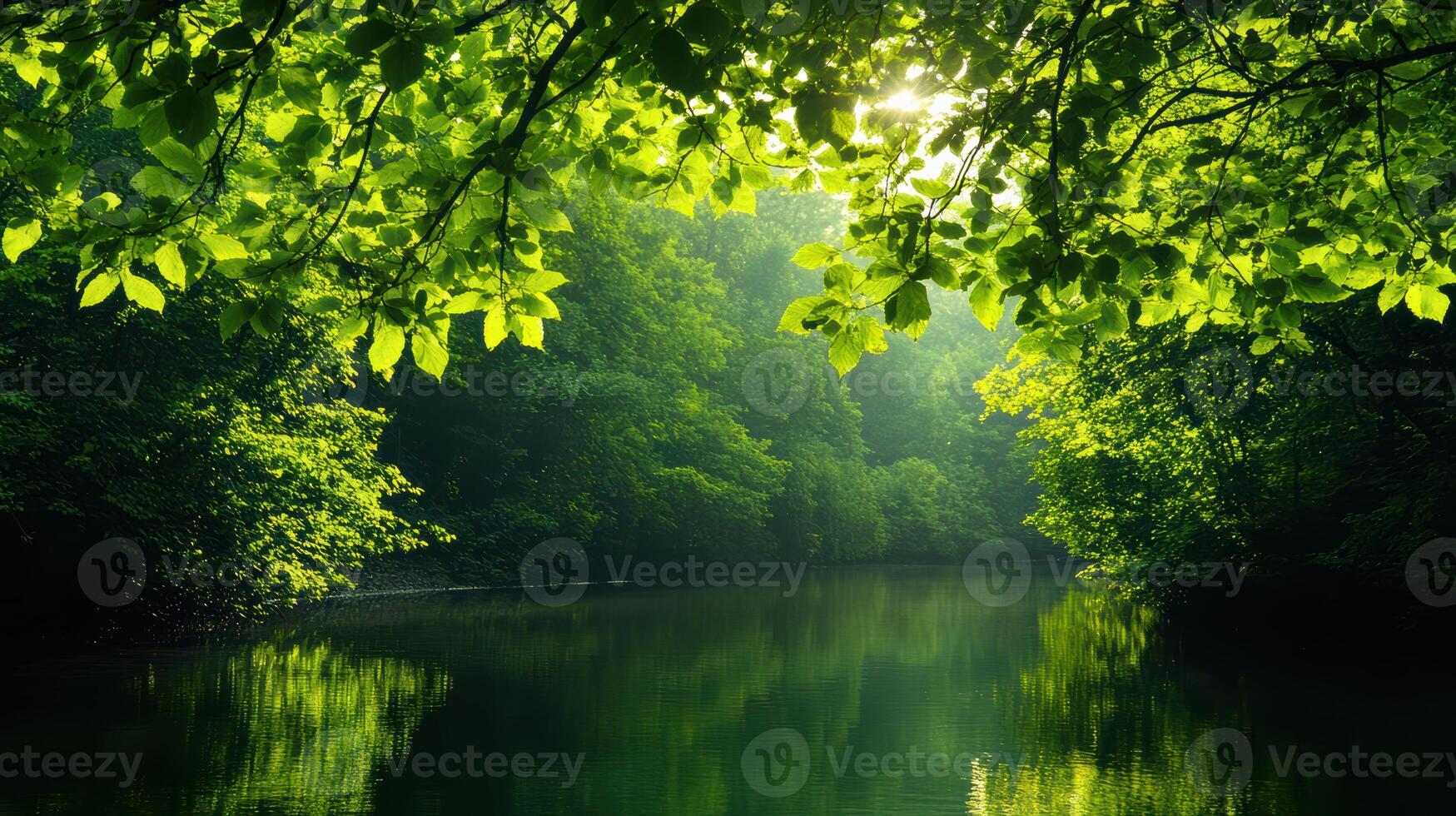 A lush green forest with a river running through it. The sunlight is shining through the leaves, creating a peaceful and serene atmosphere photo