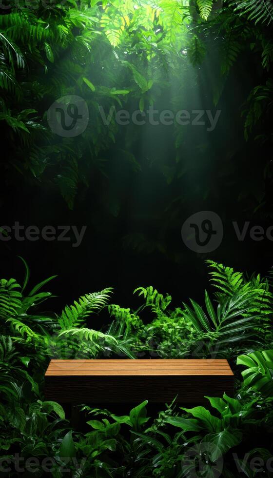 The wooden box is placed in the middle of a lush green jungle photo