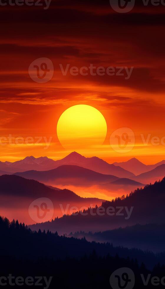 A beautiful sunset over a mountain range with a large sun in the sky photo