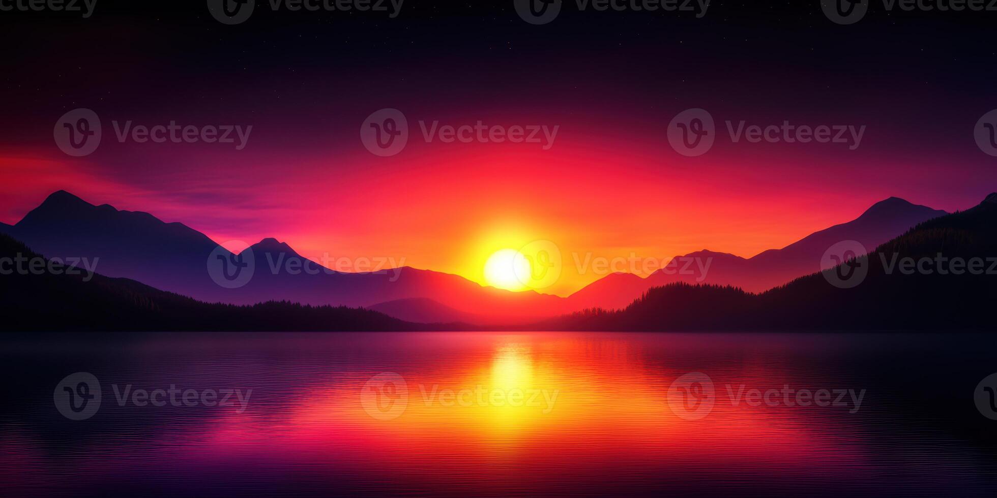 A beautiful sunset over a lake with mountains in the background. The sky is filled with a warm orange glow, and the water is calm and still. The scene is serene and peaceful photo