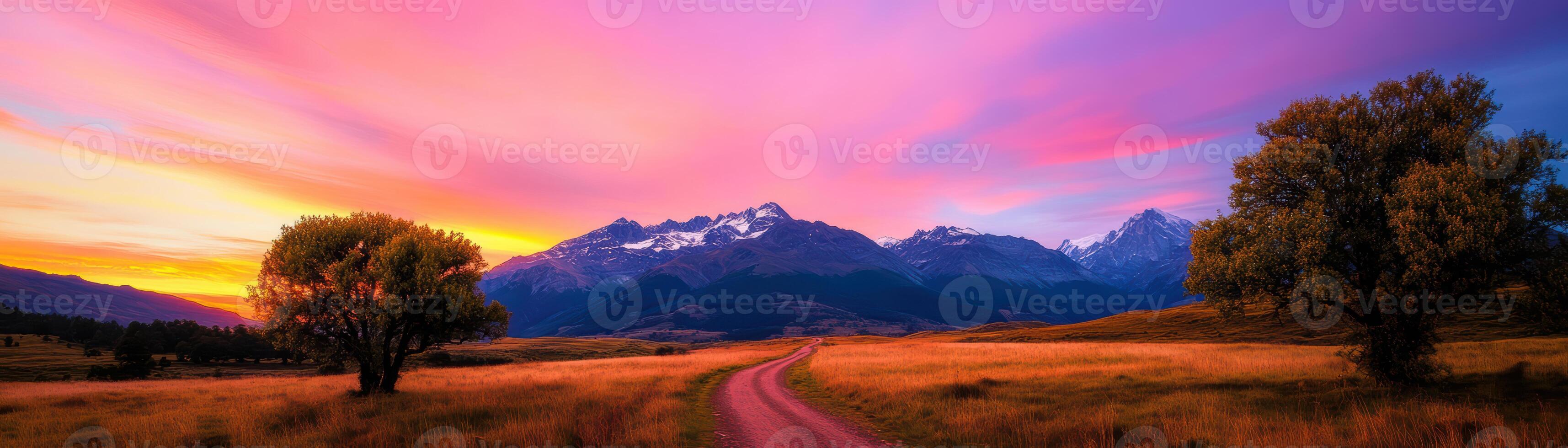 A beautiful sunset over a mountain range with a road leading through a field photo