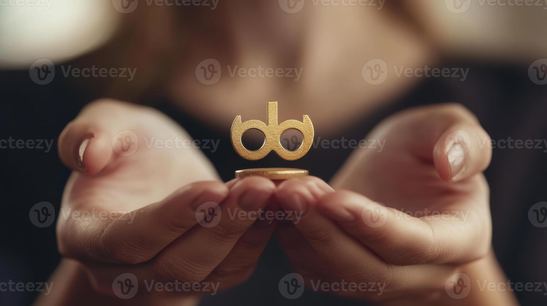 Equality symbol in hands, woman highlighting significance in soft-focus shot. Women's Day photo