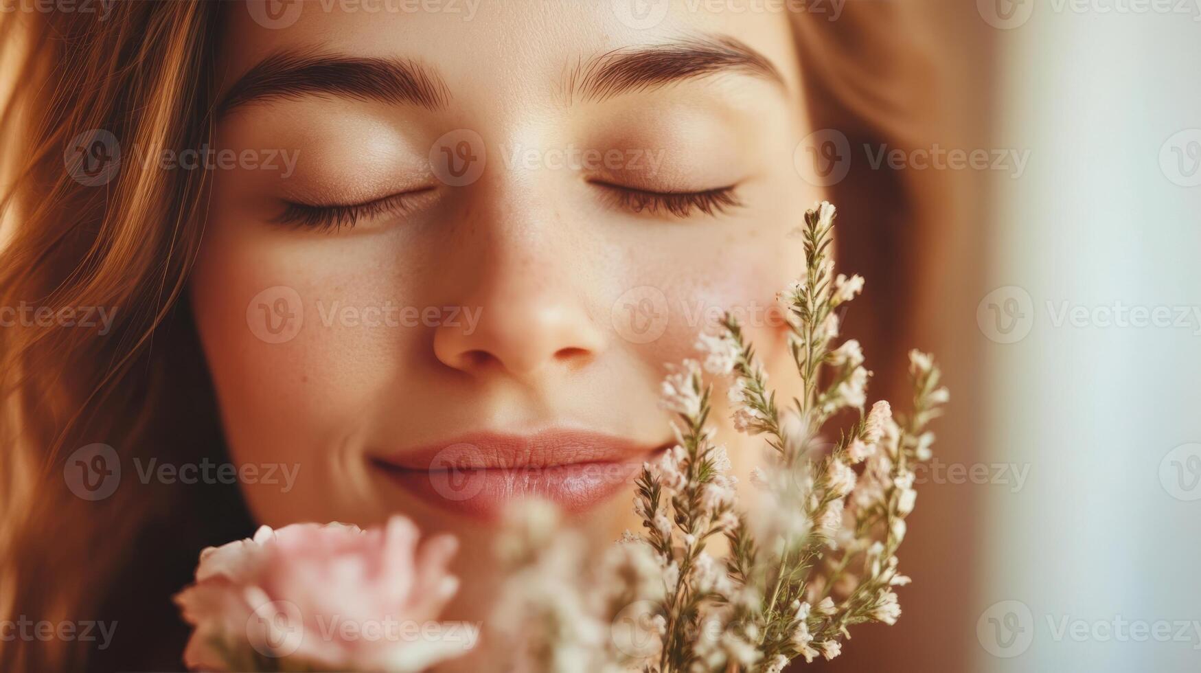 Serene woman with closed eyes holding delicate flowers in tranquil moment. International Women's Day photo