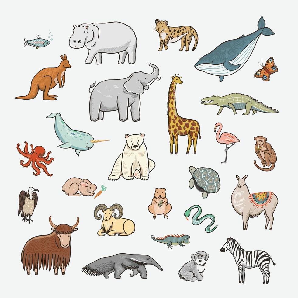 set of doodle cartoon animals. vector