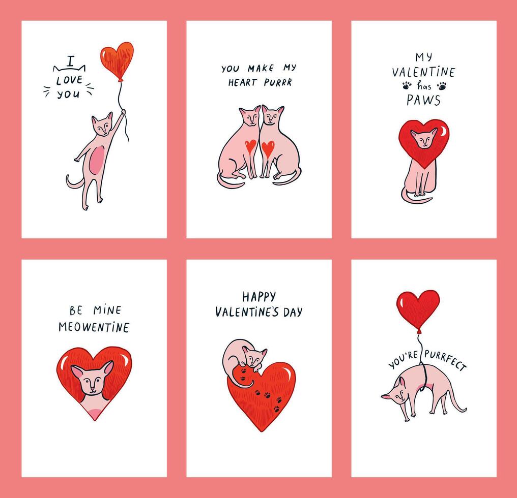 Valentine's day cards with cats and hearts vector