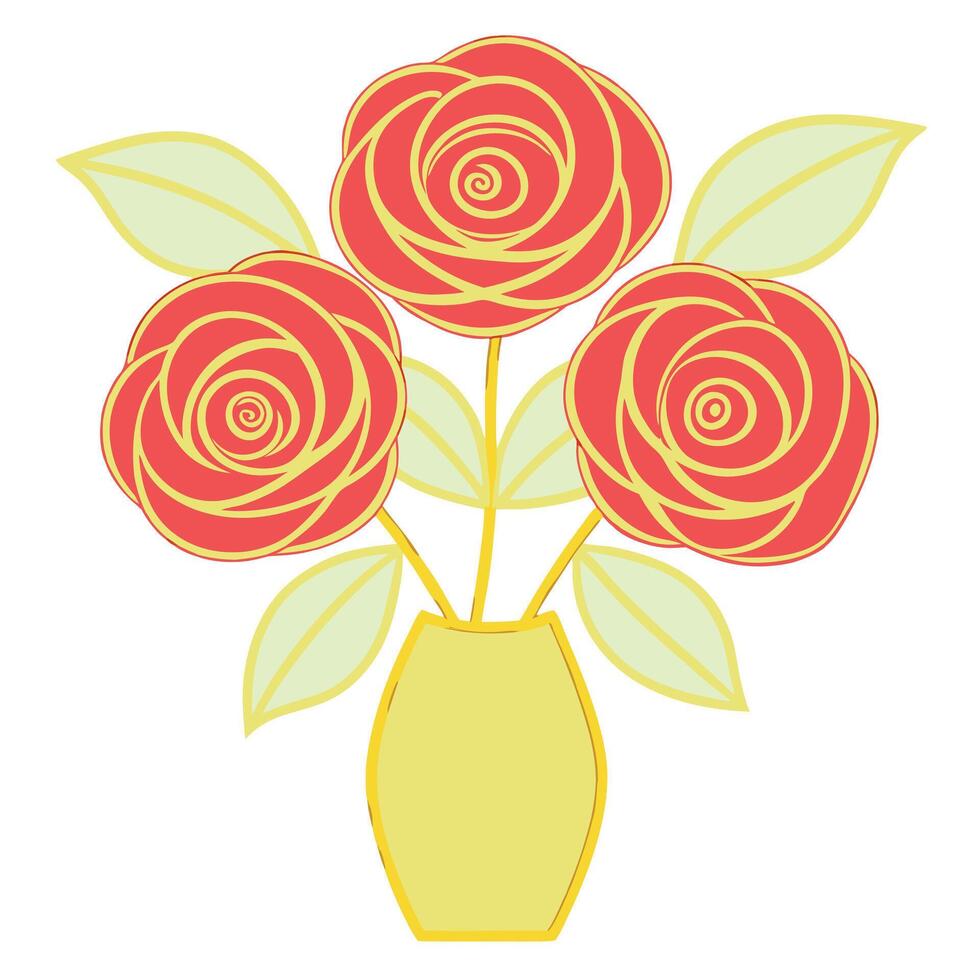 Three Red Roses in Yellow Vase, Floral Art, Simple Design vector