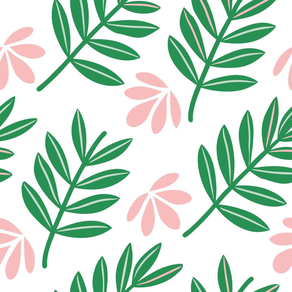 Seamless Pattern Green Leaves and Pink Flowers Botanical Design vector