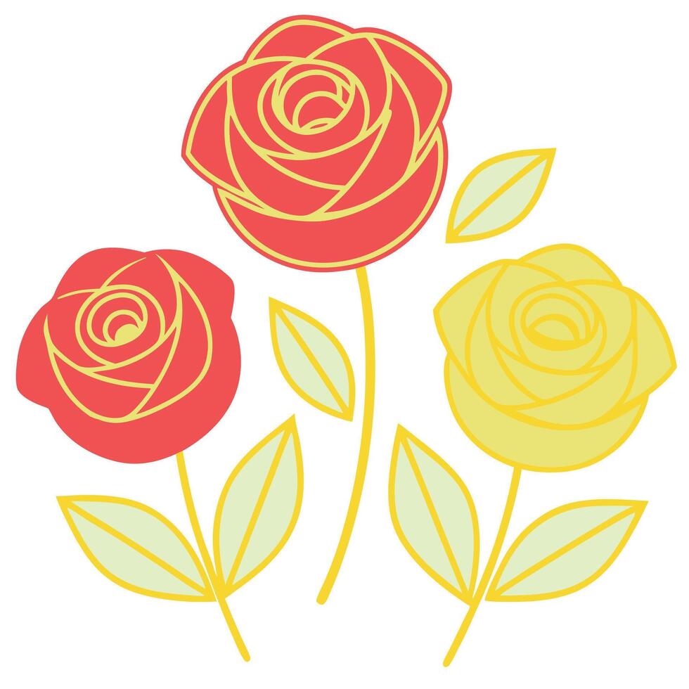 Three Elegant Roses Red, Yellow, Floral Design, Simple, Line Art, Botanical, Romantic, Pretty, Flowed vector