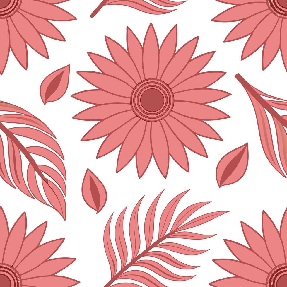 Pink Floral Pattern Flowers, Leaves, and Feathers Design vector