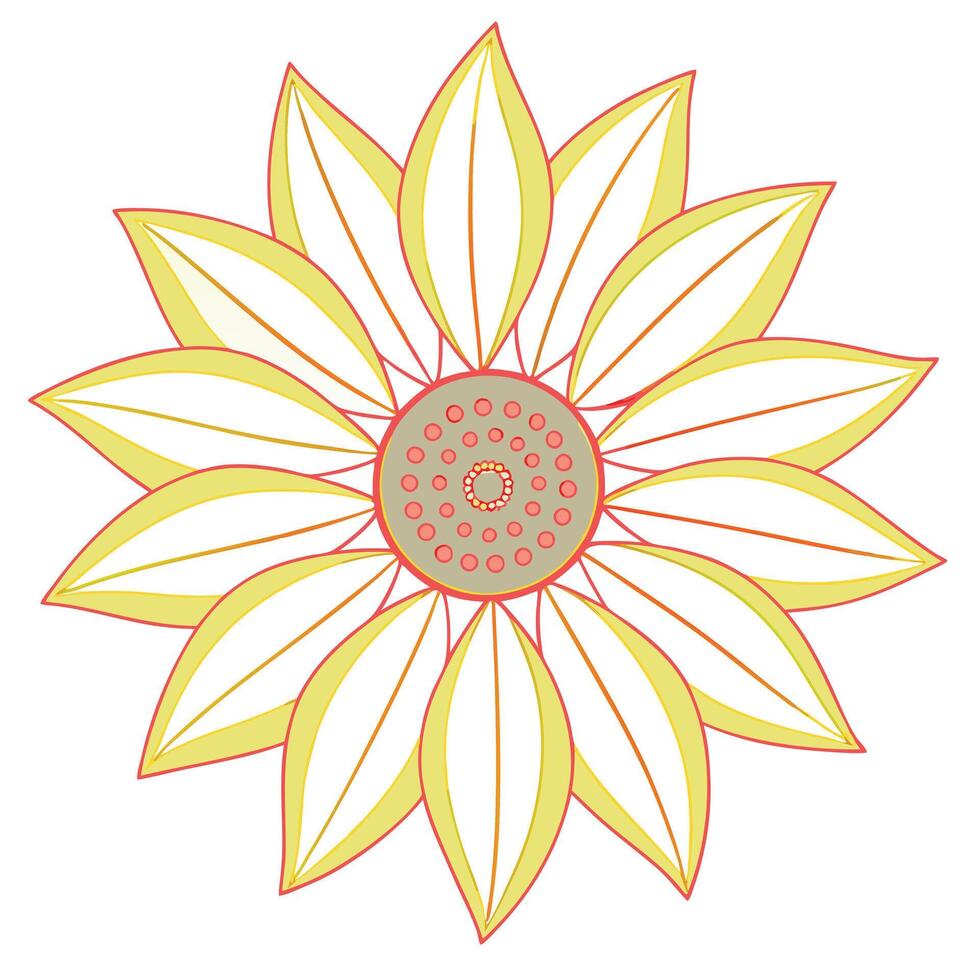 Stylized Sunflower Mandala Yellow, Peach, White Floral Design vector