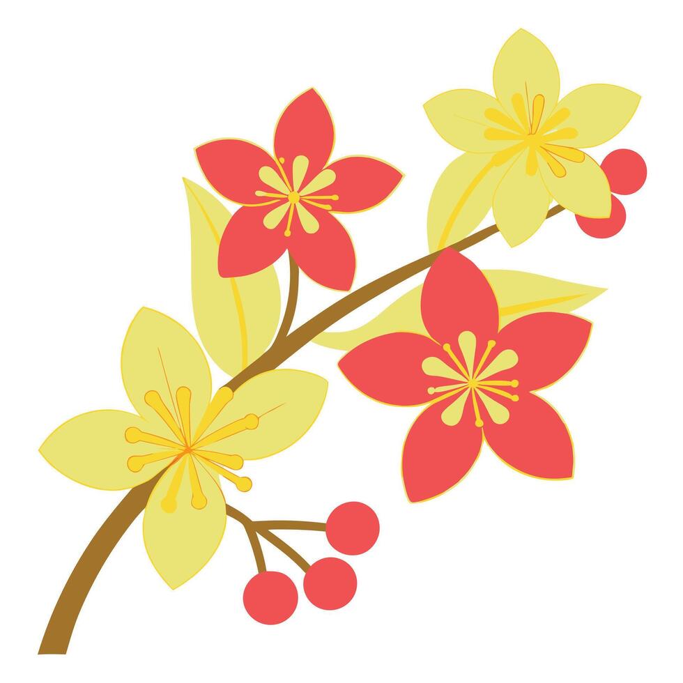 Vibrant Spring Blossom Branch Red, Yellow Flowers, Berries vector