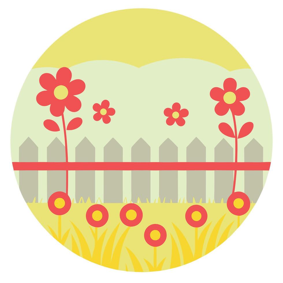 Charming Garden Scene Flowers, Fence, Spring, Summer, Sun, Nature, Backyard, Simple, Delightful, Che vector