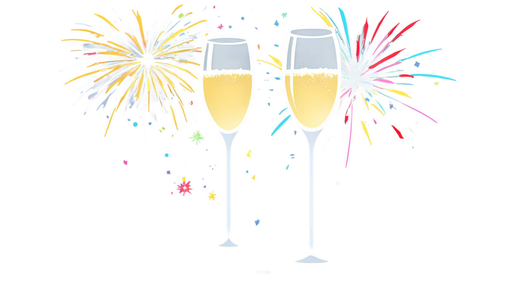 Two champagne flutes with fireworks in the background png