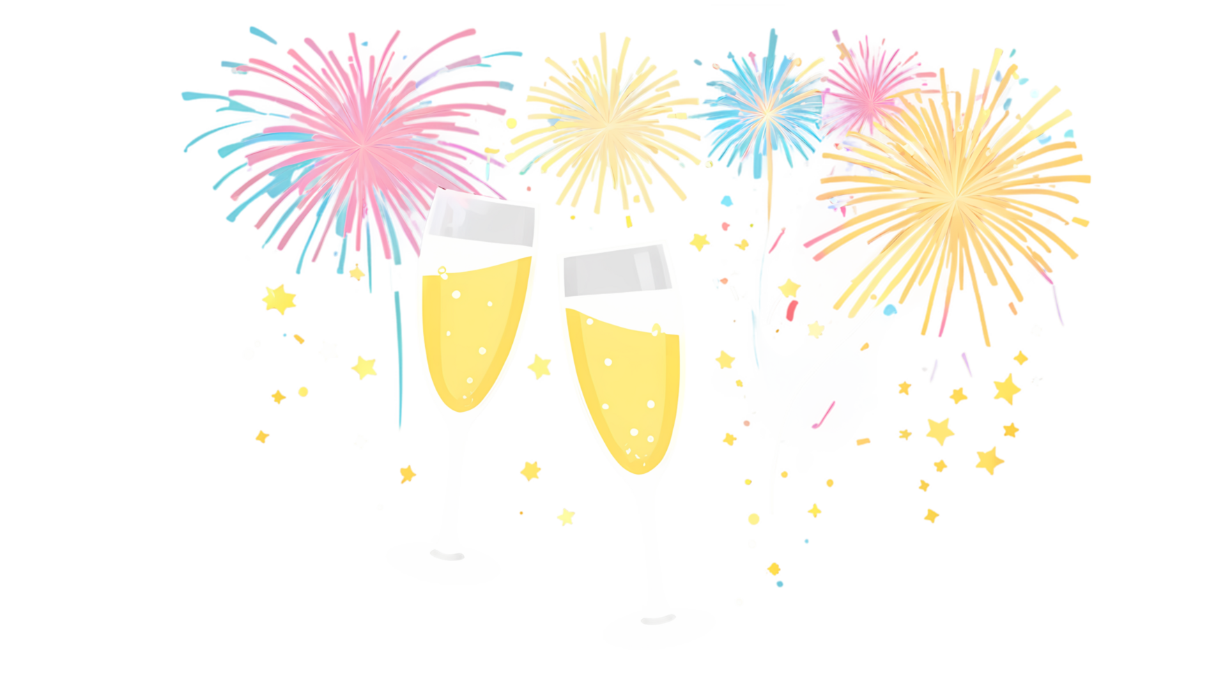 Two glasses of champagne with fireworks png