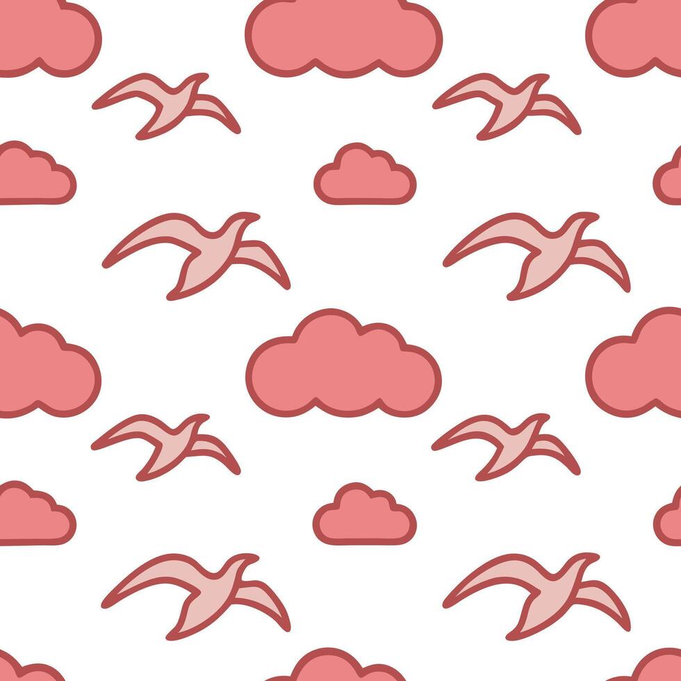 Seagulls Flying in Pink Clouds Seamless Pattern Design vector