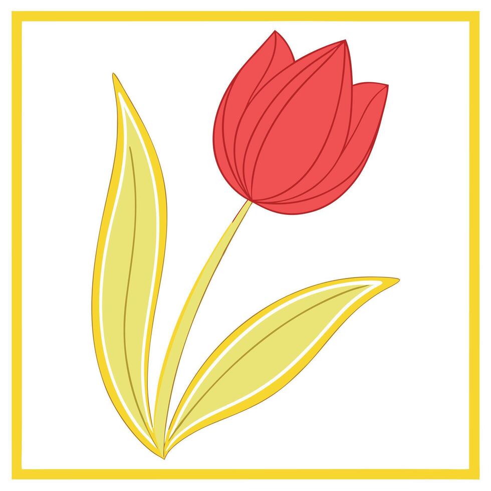 Single Red Tulip Flower Illustration, Spring Bloom, Yellow Frame vector