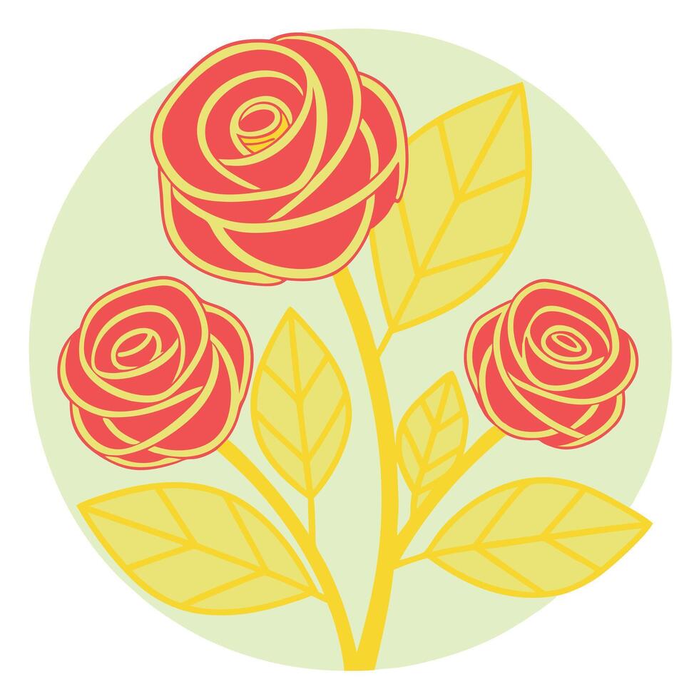 Three Red Roses Blossom, Yellow Leaves, Elegant Floral Design vector