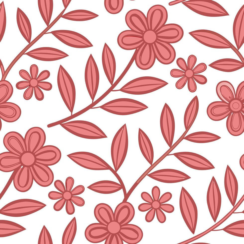 Red Floral Pattern Leaves, Branches, and Blooming Flowers vector