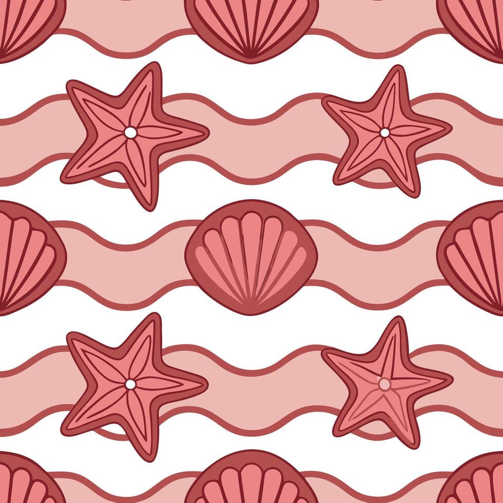 Seamless Summer Pattern Pink Starfish, Shells, Ocean Waves vector