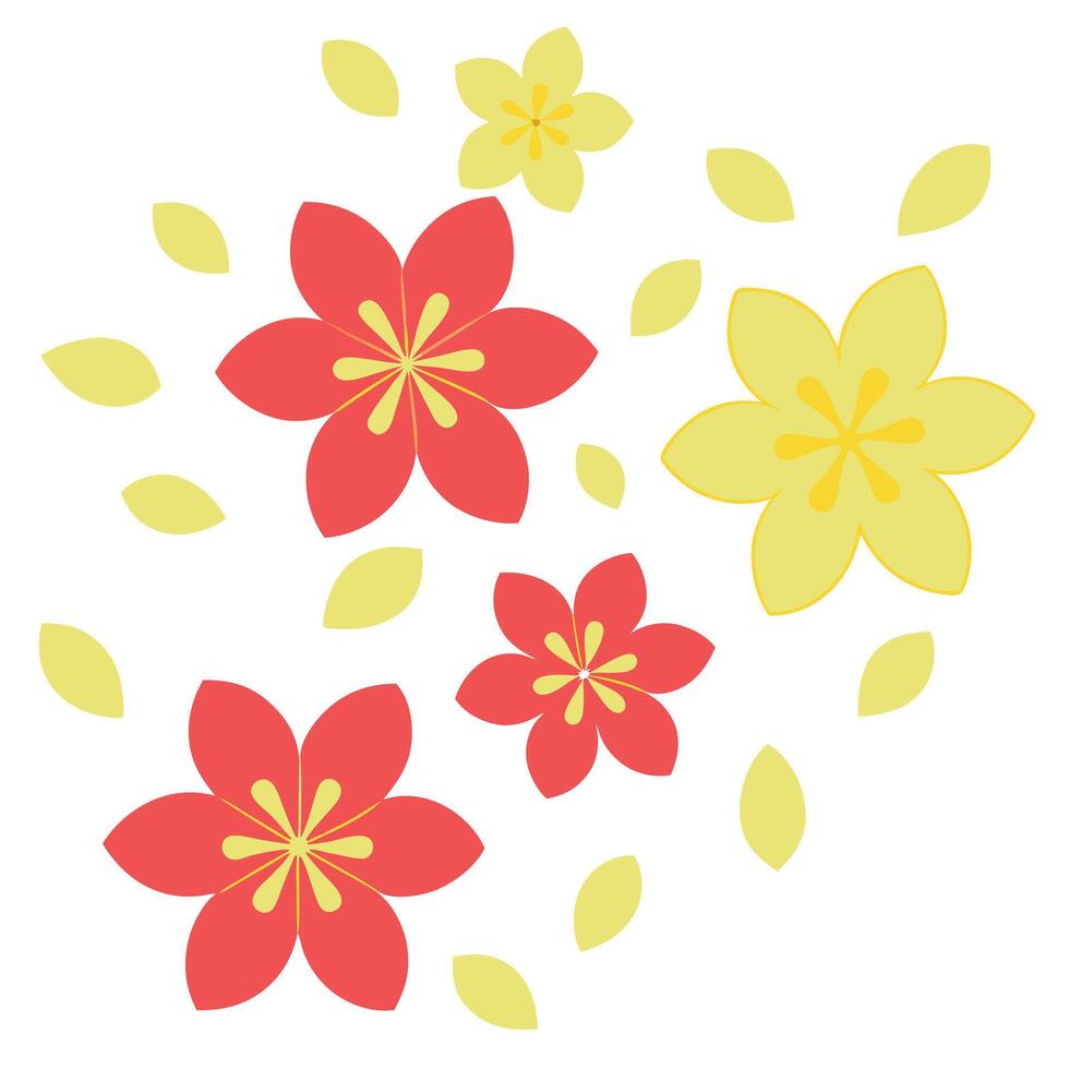 Red and Yellow Flowers with Falling Petals Spring Design vector