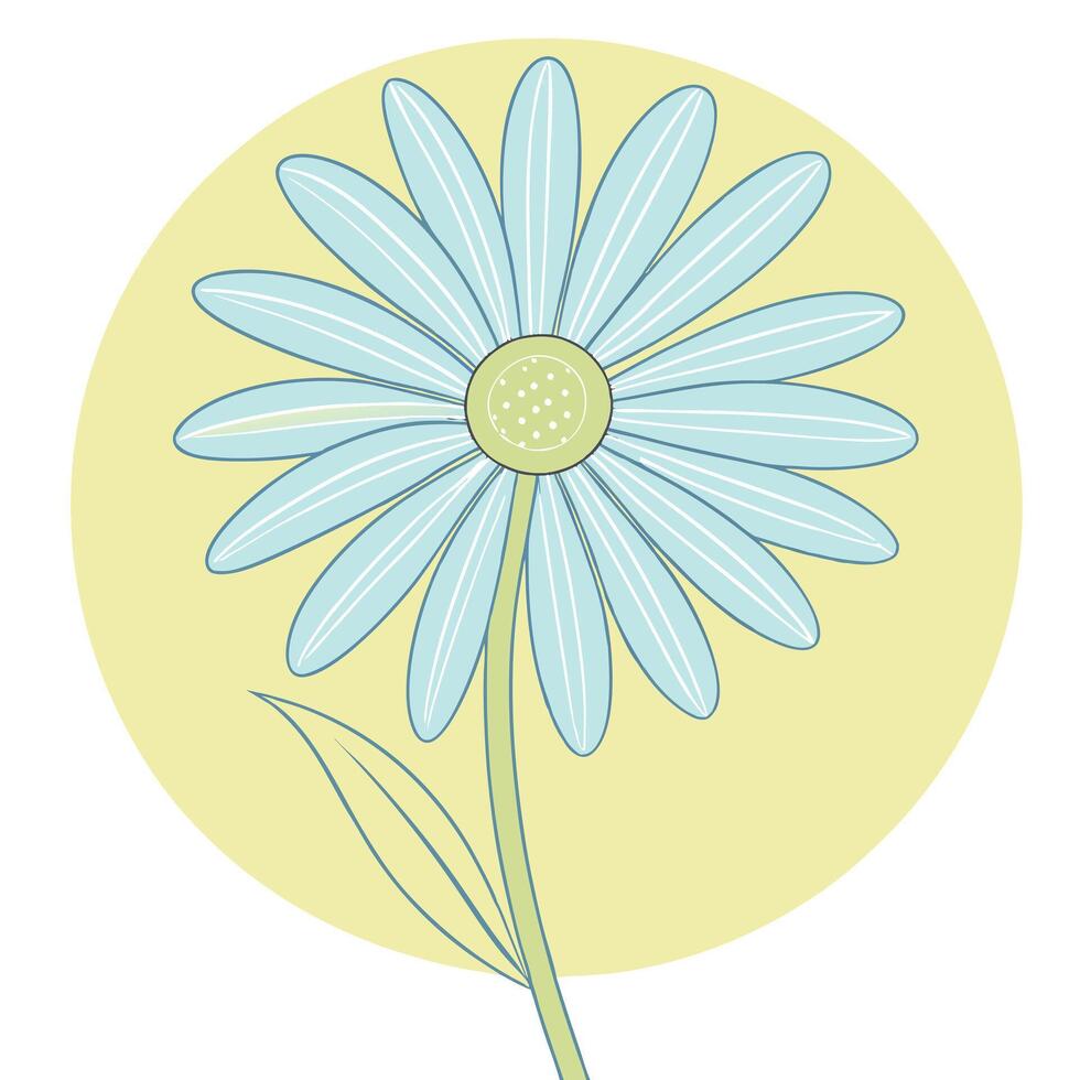 Pastel Blue Daisy Flower, Simple Floral Design, Spring Bloom, Nature Art, Yellow Circle Background, vector