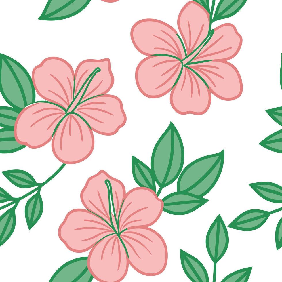 Pink Hibiscus Flowers Tropical Green Leaves Seamless Pattern Design vector