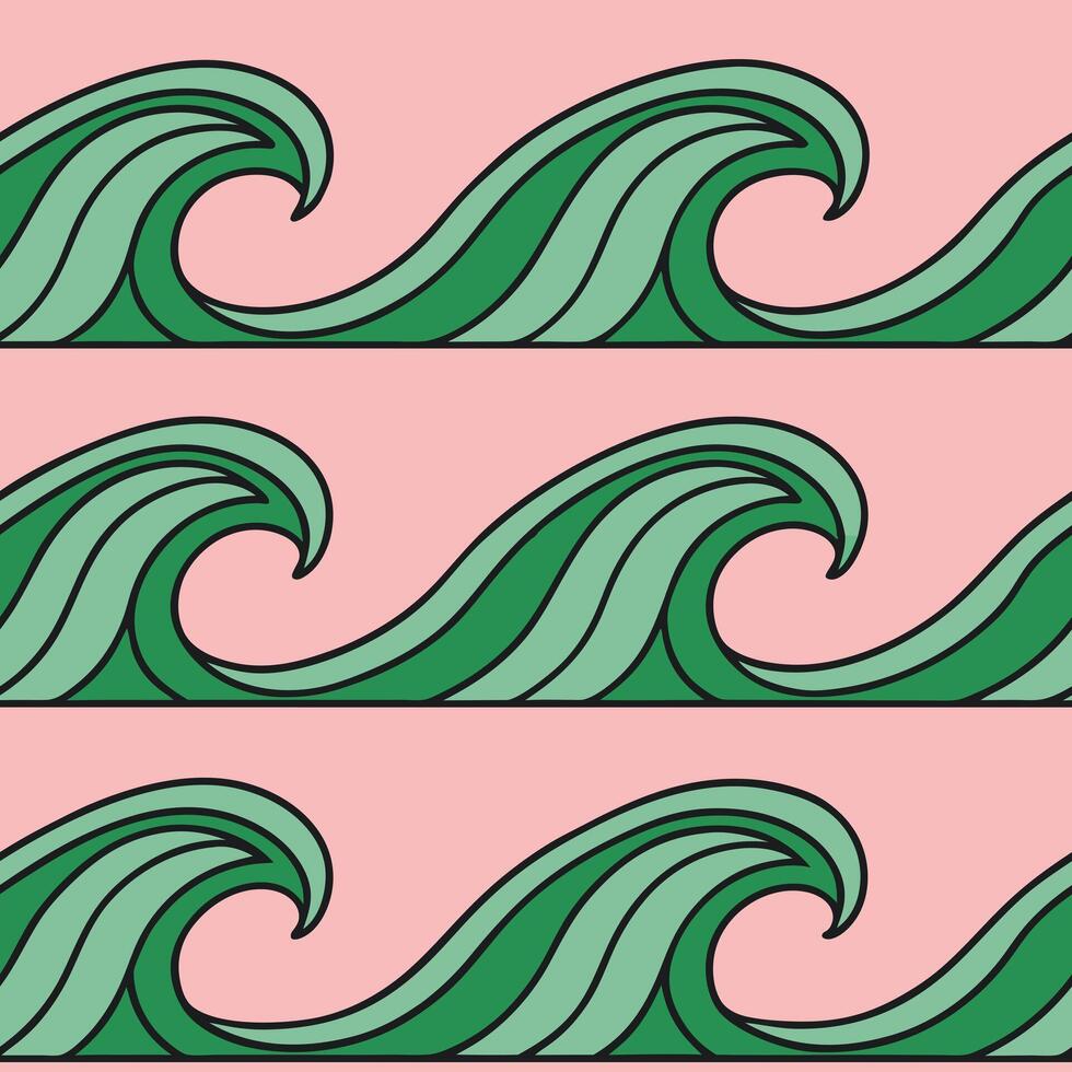 Stylized Green Ocean Waves Seamless Pattern Pink Background vector