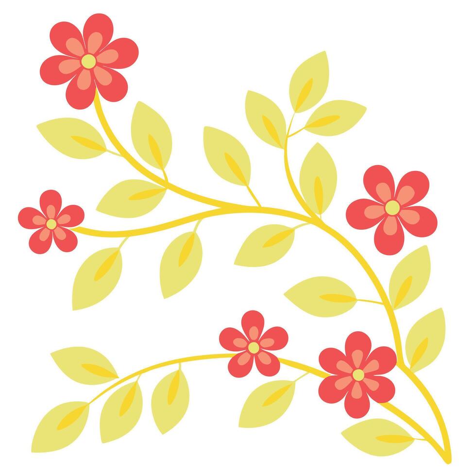 Simple Floral Branch Design Red Flowers, Yellow Leaves, Spring Blooms vector