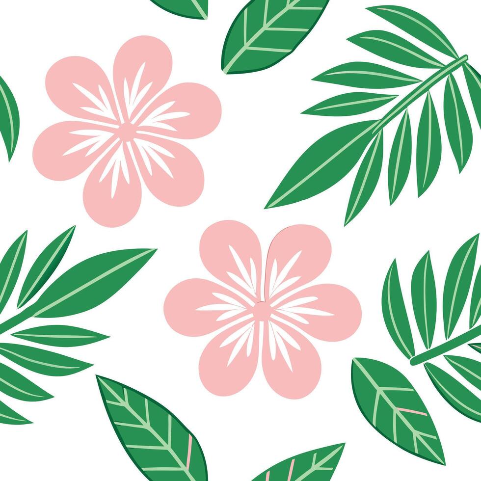 Pink Flowers Green Leaves Tropical Seamless Pattern Design vector
