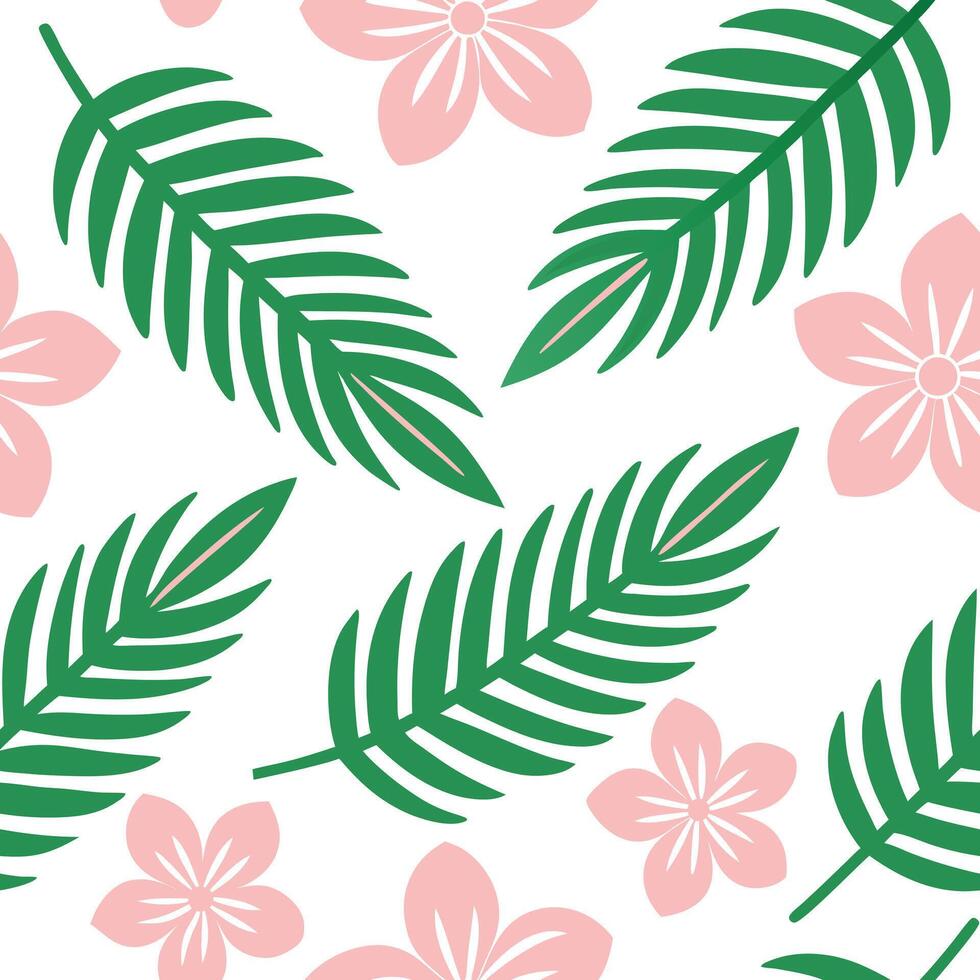 Tropical Palm Leaves and Pink Flowers Seamless Pattern Design vector