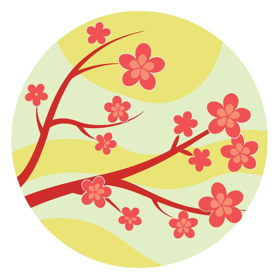 Red Blossoms Spring Branch Tree Floral Circle Design Art vector