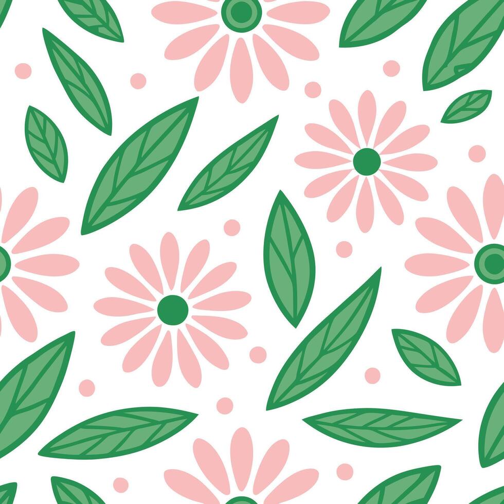 Pink Flowers Green Leaves Seamless Pattern Spring Nature Botanical Design vector