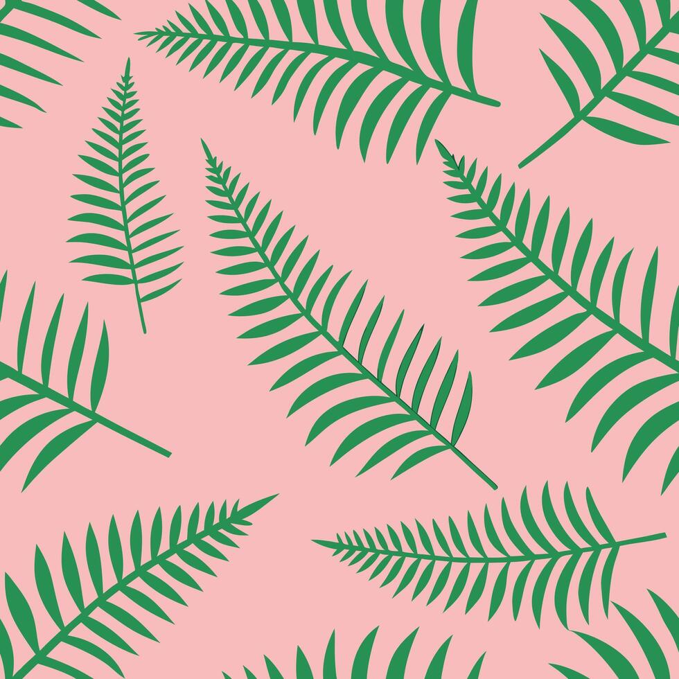 Pink Background Green Tropical Fern Leaf Seamless Pattern vector